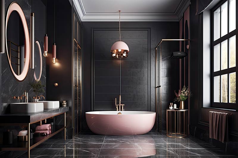 An interior photo of a professionally designed Art Deco decor style bathroom with black marble floors, gold metal fixtures, and a pink bathtub