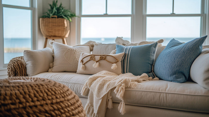 A closeup photograph of a couch with light natural material fabrics, with the ocean in the background shown through large windows