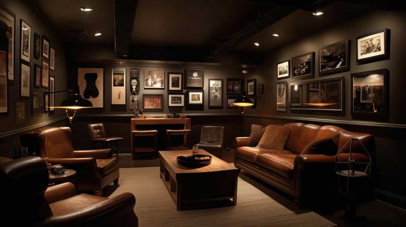 A professionally designed mancave with brown leather couches, a wood table, dark lighting, and framed pictures covering the walls