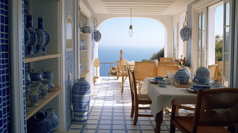 An indoor-outdoor Mediterranean decor style porch with water in the distance, and with lots of blue and white mosaic tile floors, walls, and pottery