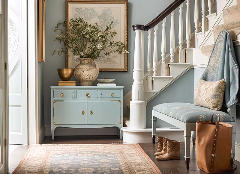 The entryway to a home designed with the Traditional decor style, with a soft light blue accent color palette, a stairway with intricately designed wood balusters, a bench seat, and a patterned area rug