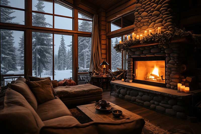 A professionally designed cabin with a stone fireplace that is lit, soft suede couches, wood walls, and a large window revealing snow and pine trees in the background