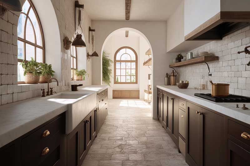 A Spanish Colonial kitchen with arched doorways, dark stained wood cabinetry, arched windows, brass cabinetry hardware, light brick stone walls, marble countertops, stone floors, and lighter wood accents