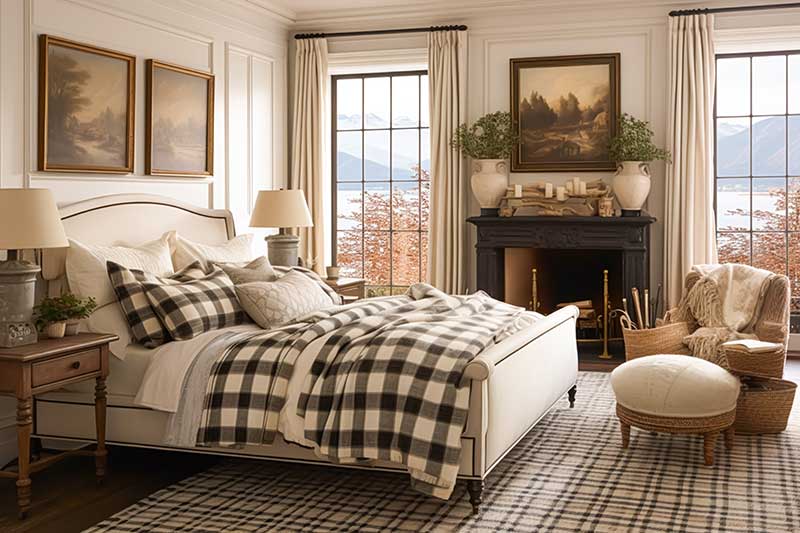 A Traditional decor style bedroom with a beige color palette, a checkered bedspread, and dark stained wood fireplace mantel that has intricate wood carving designs, and a patterned area rug