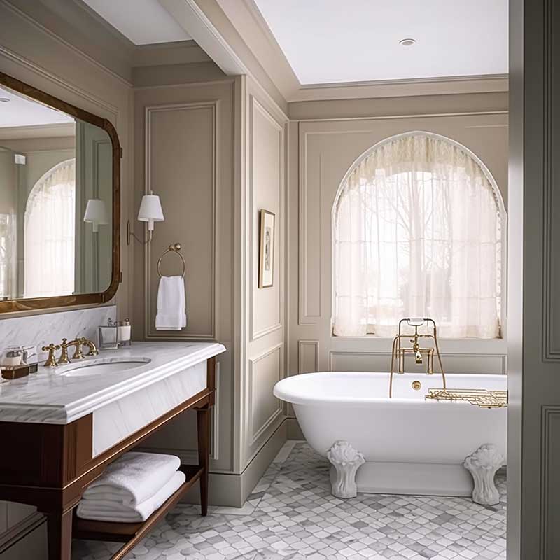 A photo of a professionally designed Traditional decor style bathroom with beige walls, marble countertops, stained wood, tile flooring, linen window drapes, crown molding, and a white bathtub with polished brass hardware