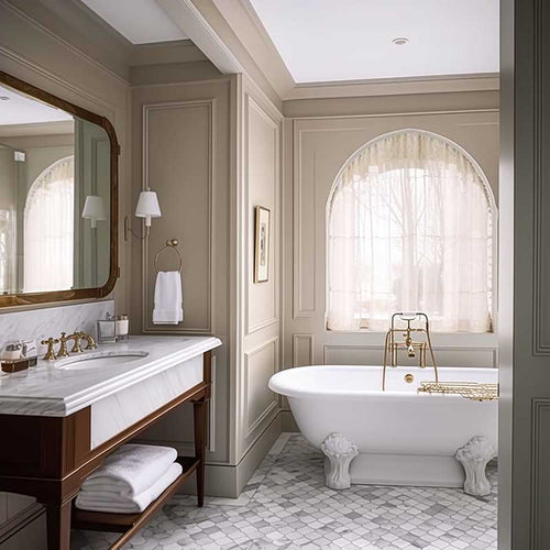 A photo of a professionally designed Traditional decor style bathroom with beige walls, marble countertops, stained wood, tile flooring, linen window drapes, crown molding, and a white bathtub with polished brass hardware