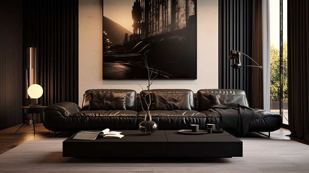 A Modern decor style living room with white walls and all black and dark brown furniture and decorations, a low-sitting leather couch, and a low-sitting coffee table