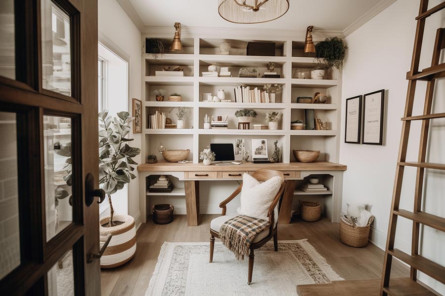 A Modern Farmhouse decor style home office with white walls, wood floors, a wood desk, and a large bookshelf built into the wall behind the desk