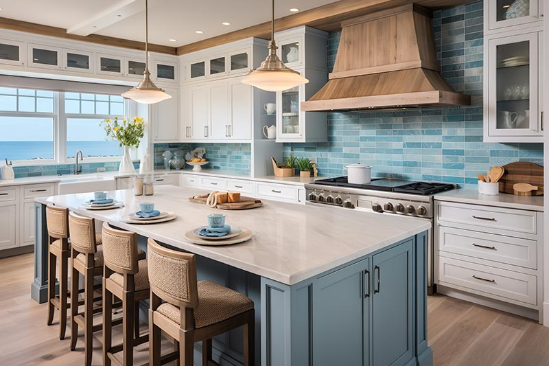 A professionally designed Coastal decor style kitchen with a blue kitchen island, white cabinetry, a bright blue tile backsplash, brass dropdown lighting, rattan bar stools, and a light wood stove hood