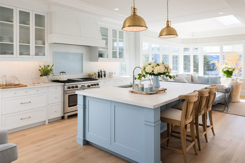 A professionally designed Coastal decor style kitchen with white cabinetry, a light blue kitchen island, light wood floors, and lots of natural light