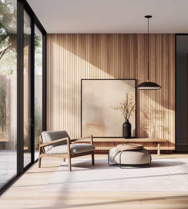 A photograph of a professionally designed lounging area in somebody's home, with a beige color palette, a mid-century modern style chair, and lots of natural light