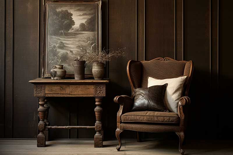 A Traditional decor style scene with brown stained wood walls, an antique wood coffee table, and an antique wood chair