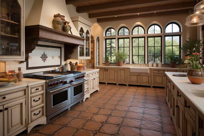 A Spanish Colonial decor style kitchen with intricately designed cabinetry, patterned terracotta floor tiles, and a designed tile backsplash