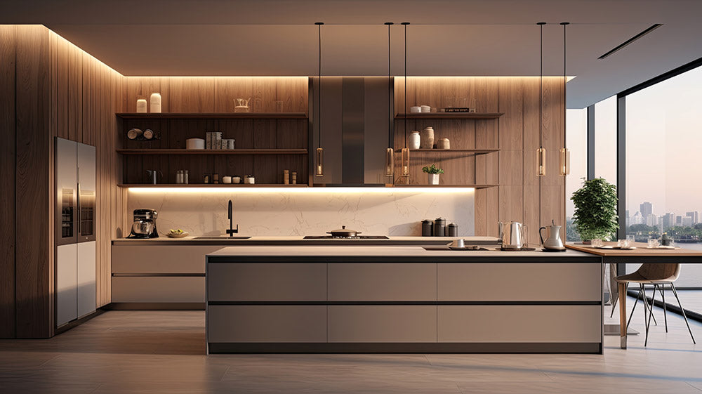 A Modern decor style kitchen with wood walls, straight lines, large windows, and under cabinet lighting