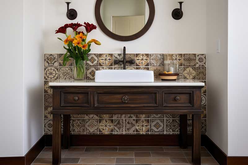 A scene from a home with an antique wood sink, intricately designed tile backsplash, and stone tile floors
