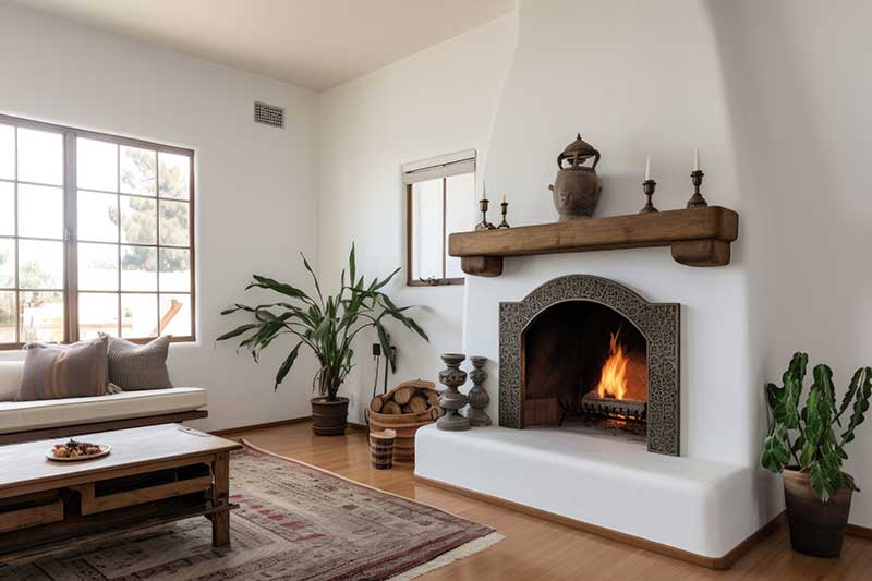 A Spanish Colonial decor style living room with a traditionally southwestern styled fireplace, a pattern designed iron fireplace cover, and a wood mantle