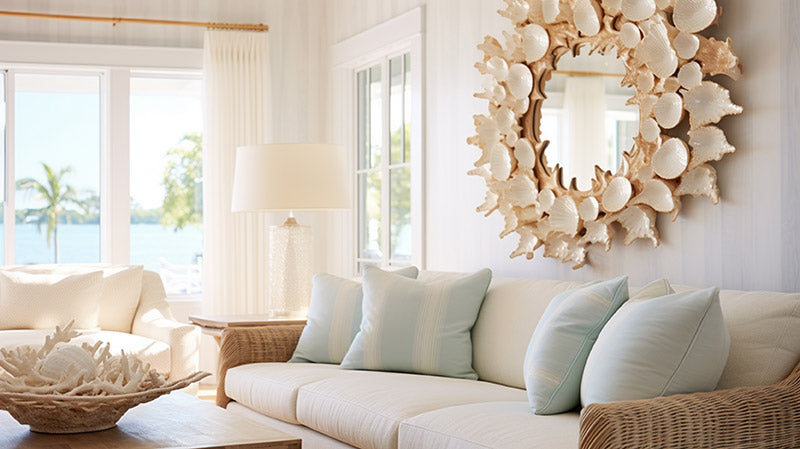 A Coastal decor style living room with white walls, white linen window drapes, white couch, blue pillows, and a large wall mirror with a seashell border