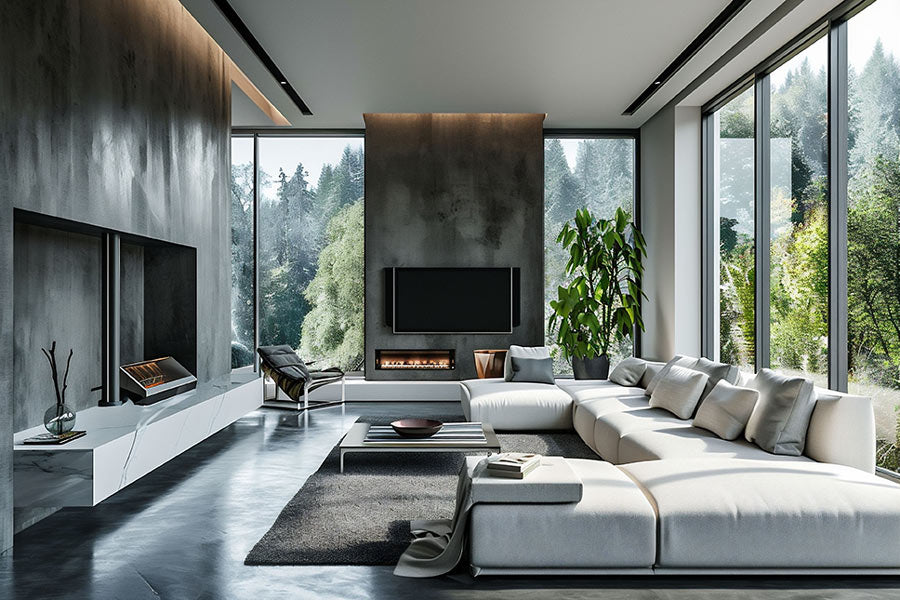 A professionally designed Brutalist decor style living room with cement walls and floor, large floor-to-ceiling windows, a fireplace, and a large modern white couch 