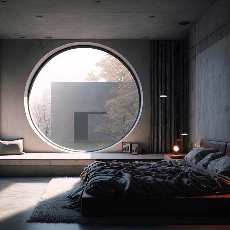 A Brutalist decor style bedroom with cement walls, a low-sitting bed, and a large circular shaped window letting in natural light