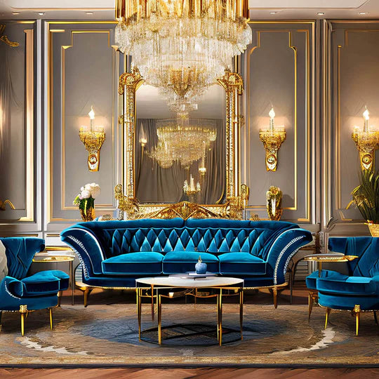 An interior photo of a professionally designed Hollywood Regency Glam decor style living room with bright blue velvet chairs and couch, gold fixtures and hardware, and a large mirror as the centerpiece of the room