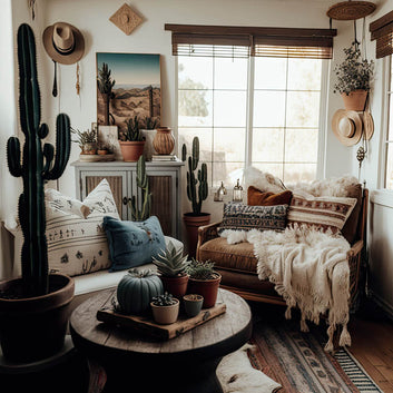 An interior photo of a professionally designed Southwestern decor style living room with a woven blankets, a large window, cactuses, and wood furniture