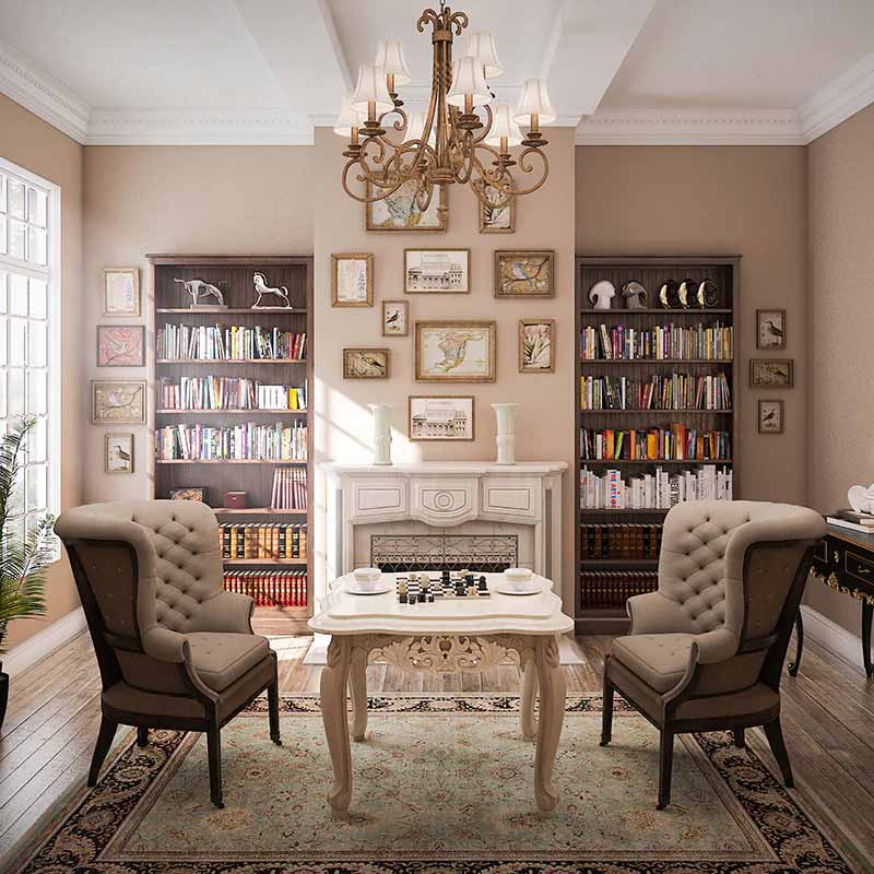 An interior photo of a professionally designed Classical decor style living room with a neutral or beige color palette, classical style chairs, with a fireplace and book shelves as the centerpiece of the room