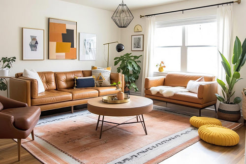 A Mid-Century Modern decor style living room with a round wood coffee table, modern brown leather couches, a large white and orange area rug, natural light, and modern framed wall art