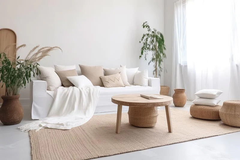 A Mediterranean decor style living room with white walls, gray tile floors, beige fabrics, linen window drapes, green plants, and a wood coffee table