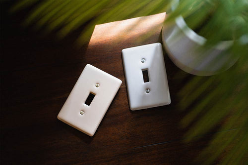A photograph of the white and biscuit version of the Metro ceramic wallplate laying on a wood table, next to a palm leaf plant in a ceramic pot, highlighted by a streak of warm window light