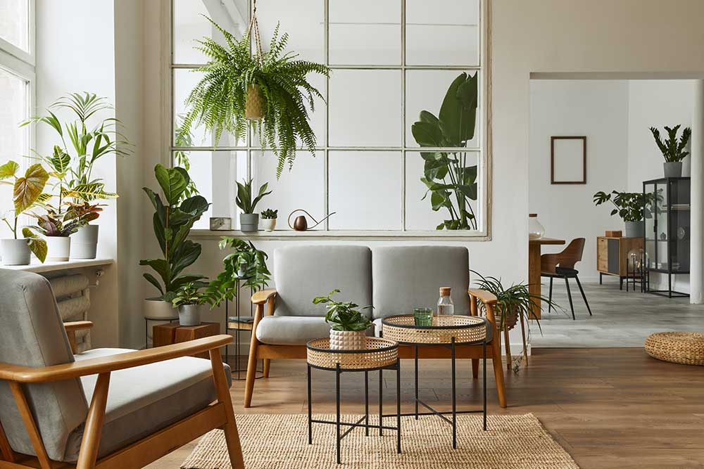 A modern open concept living room and dining room with large windows, hardwood floors, tall white walls, wood furniture, and lots of green plants