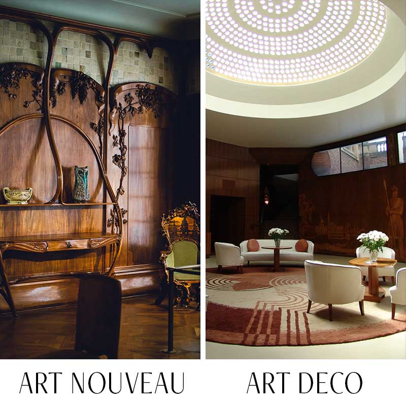 An Image split in half with the left side being an image of an Art Nouveau interior, and the right side being an image of an Art Deco interior