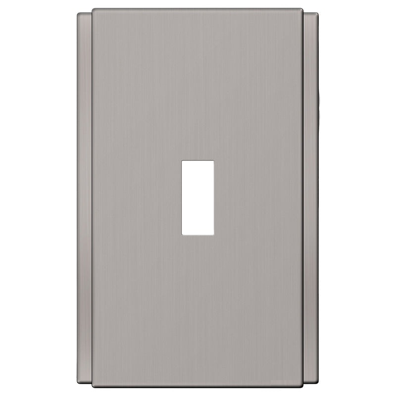 The brushed nickel version of the Zen Screwless collection of Amerelle decorative metal wallplates