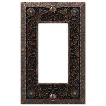 The aged bronze version of the Filigree collection of Amerelle decorative metal wallplates