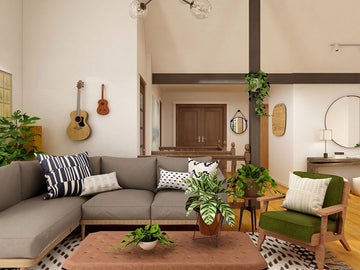 An interior photo of a professionally designed California Casual decor style living room and entryway with a neutral warm color palette, exposed wood beams, green plants, and guitars