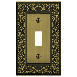 The brushed brass version of the English Garden collection of Amerelle decorative metal wallplates