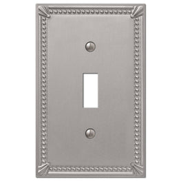 The brushed nickel version of the Imperial Bead collection of Amerelle decorative metal wallplates