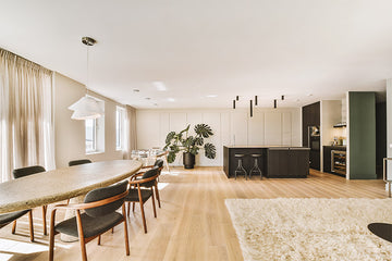 An interior photo of a spacious professionally designed Minimalist decor style kitchen and living room with natural light