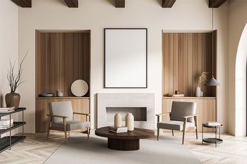 An interior photo of a professionally designed Modern decor style living room with a fireplace, neutral color palette, grey chairs, natural lighting, and wood coffee table