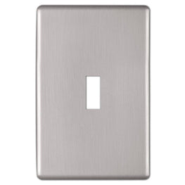 The brushed nickel version of the Siena Screwless collection of Amerelle decorative metal wallplates