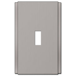 The brushed nickel version of the Zen Screwless collection of Amerelle decorative metal wallplates