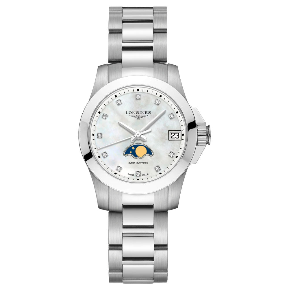 Longines Ladies Conquest Stainless Steel Moonphase Watch L33804876 SPE