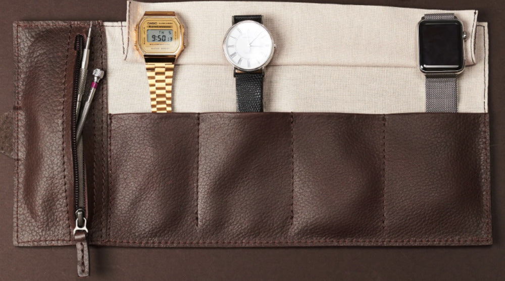 capra WATCH ROLL · DARK BROWN with watches in case