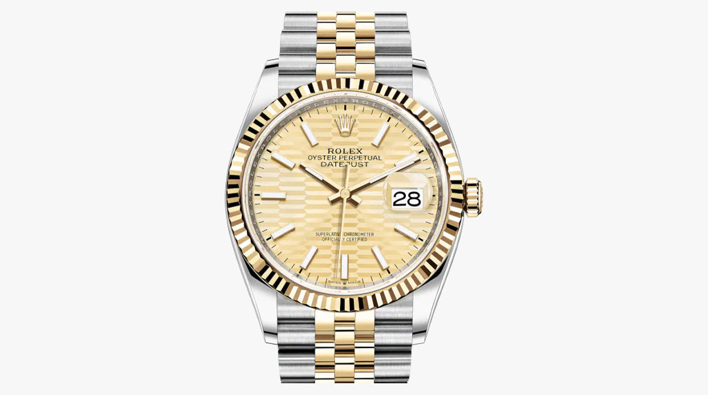 rolex oyster perpetual date just 36 with gold stripe