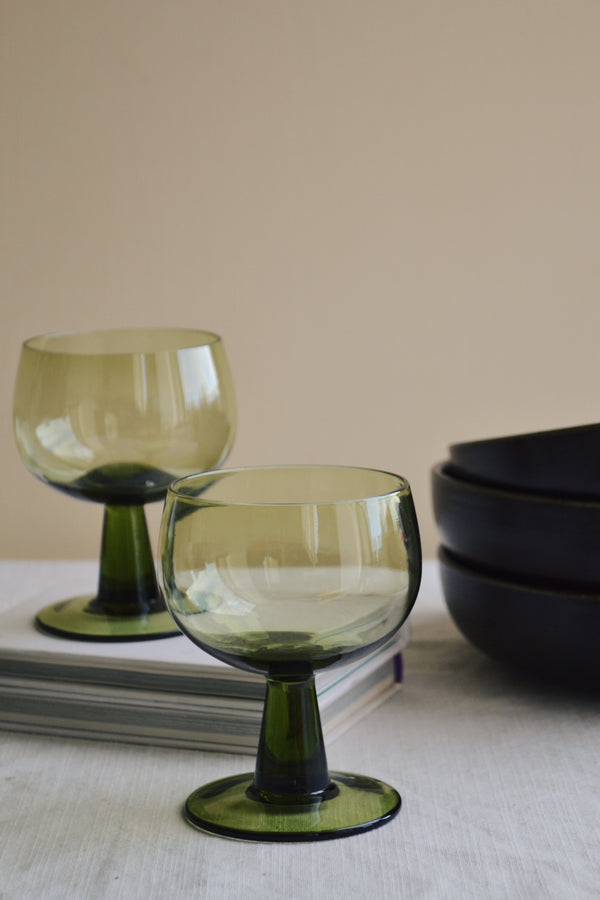 HKliving - Set of 4 Olive Green Tall Wine Glass: The Emeralds