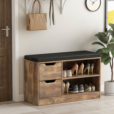 Shoe Storage Bench Entryway Bench with PU Leather & Drawers Shoe Rack Organizer Wood Grain for Living Room Bedroom