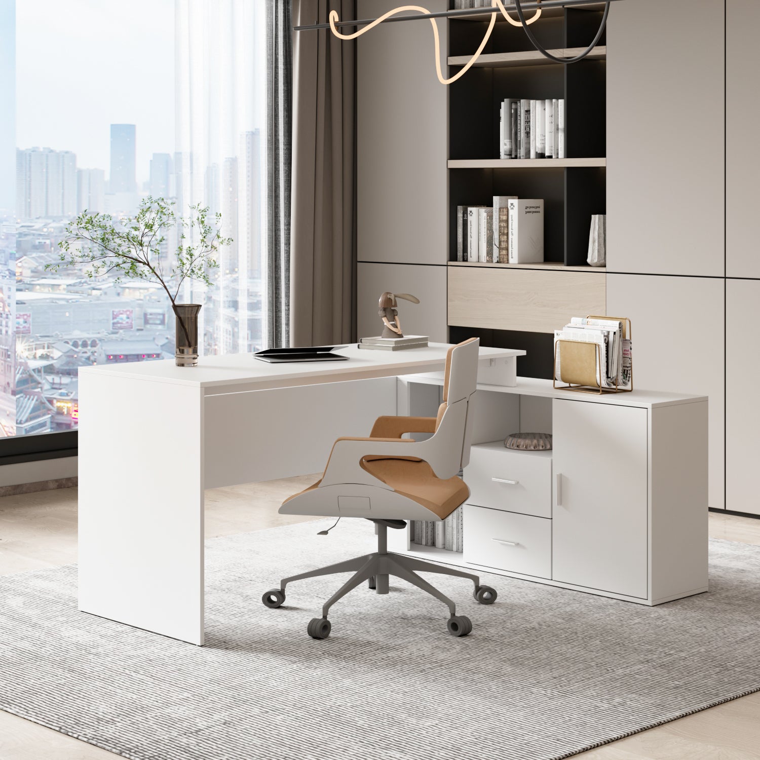 FUFU&GAGA 63 in. W-28.7 in. H White Computer Desk with 3-Drawers, 1-Storage Cabinet and 2-Adjustable Shelves