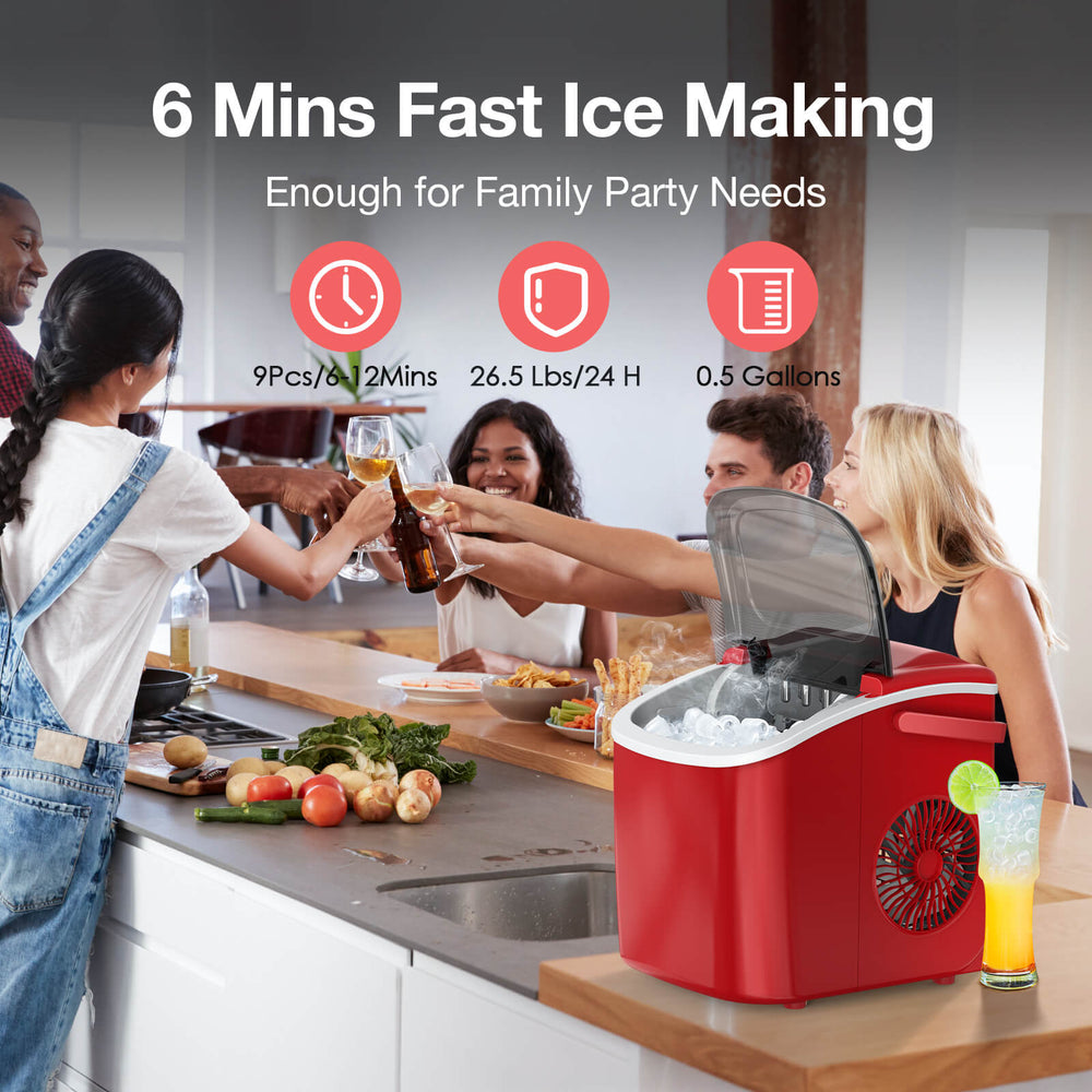 EUHOMY Countertop Ice Maker Machine with Handle, 26lbs in 24Hrs, 9 Ice  Cubes Ready in 6 Mins, Auto-Cleaning Portable Ice Maker with Basket and  Scoop
