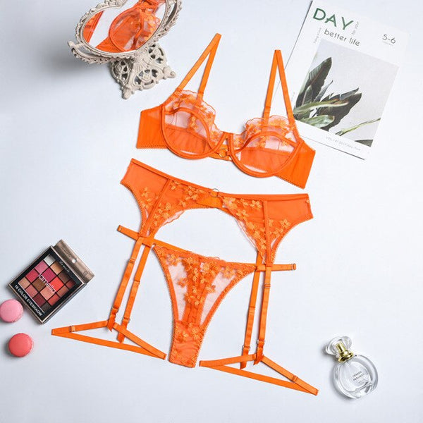 Orange Lace See Through Mesh Three Pieces Underwear