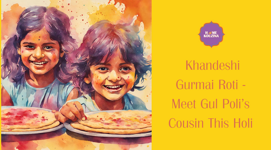 two children drenched in Holi colours reach out for a puran poli and a gurmai roti