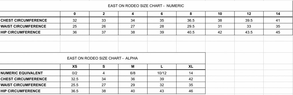 East On Rodeo Size Chart